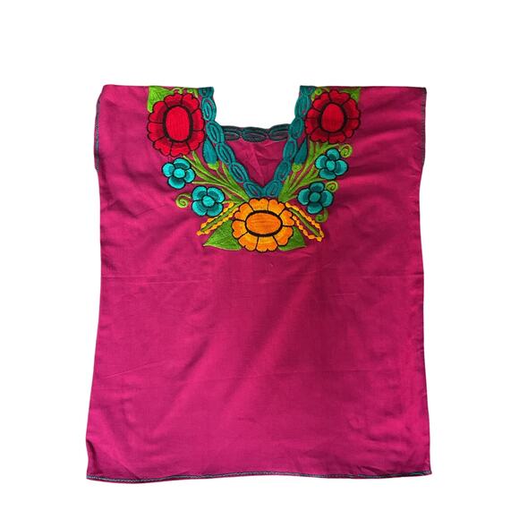Blouse Pink Artisanal Floral Top Embroidered Mexican from Chiapas Folk Art - Picture 7 of 7